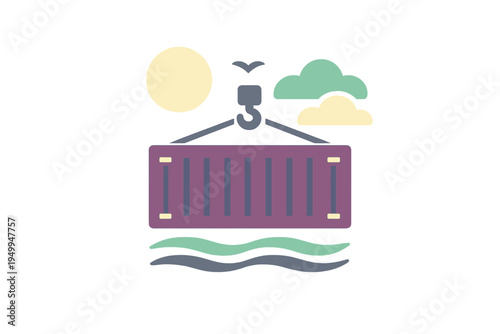 Stylized graphic design of a cargo container being hoisted by a crane