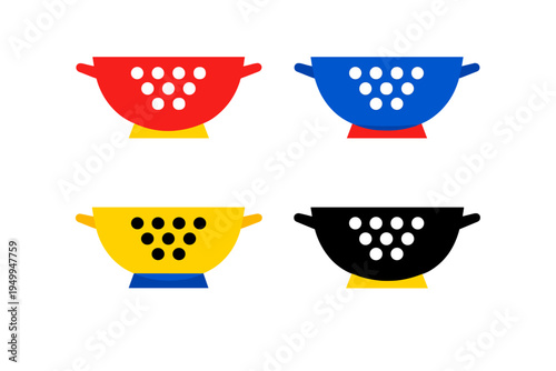 A set of four flat vector icons representing kitchen colanders in