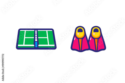 A set of flat vector icons featuring a green tennis court with a blue