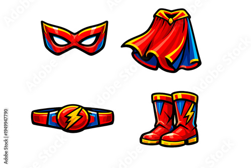 A set of cartoon superhero costume accessories including a red mask