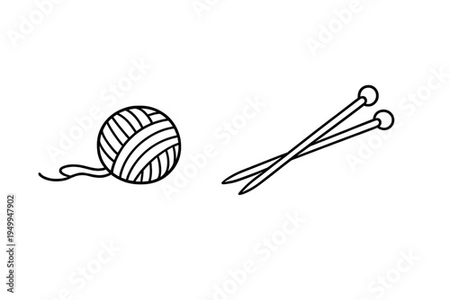A minimalist line art illustration featuring a ball of yarn with a