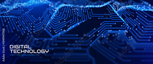 Secure Cyber Network Pattern with Blue Electronic Circuit Lines and Data Flow Elements. Tech Startups, Artificial Intelligence, Futuristic Corporate Branding Backdrop Presentation. Vector.