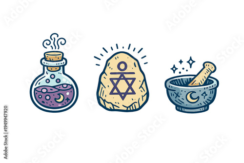 A set of three hand-drawn mystical icons featuring a bubbling potion