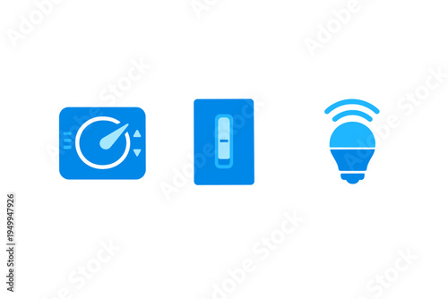 A set of three blue flat icons representing smart home automation
