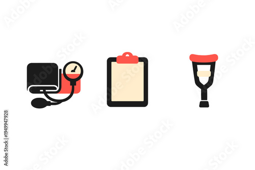 A set of three flat medical icons featuring a blood pressure monitor