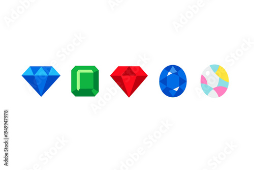 A set of five stylized gemstone icons arranged in a horizontal row on