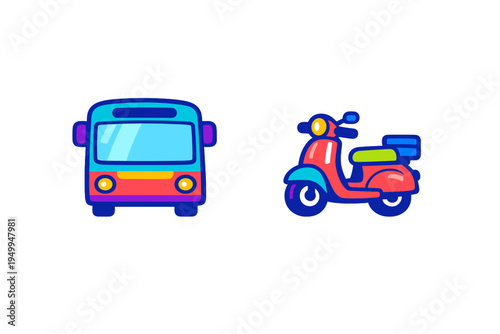 A colorful vector illustration featuring a front-view bus and a