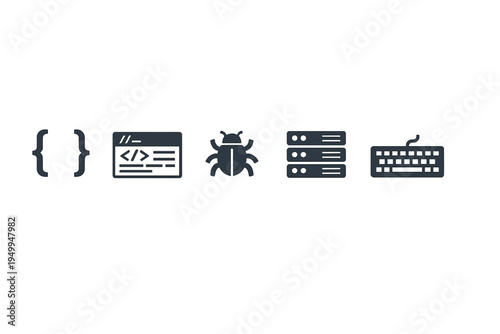 A set of five minimalist flat icons representing software development