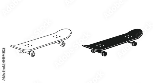 A minimalist illustration depicts two skateboard outlines one light and one dark showcasing the board s shape and components