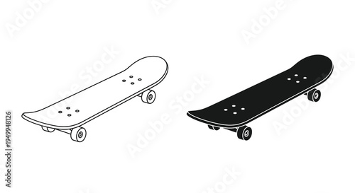 A minimalist illustration depicts two skateboards one outlined and the other solid black showcasing a classic design high quality