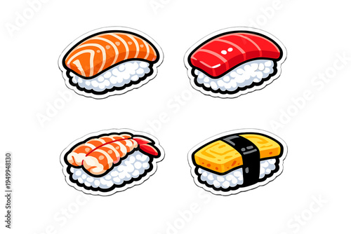 A set of four illustrated sushi stickers featuring salmon, tuna