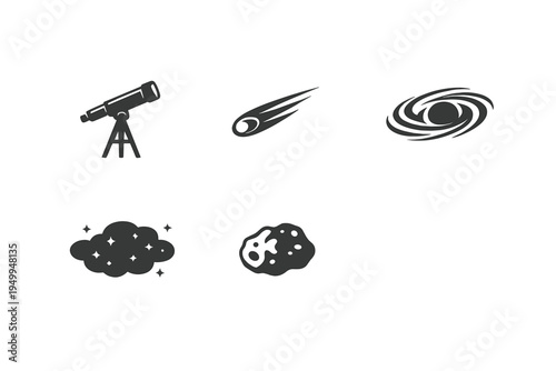 This vector set features five black astronomy icons