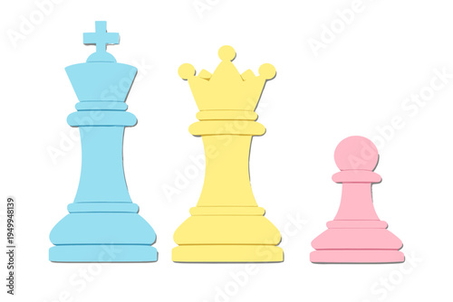 A set of three stylized chess pieces including a blue king, a yellow