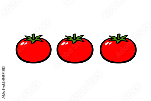 A vector illustration featuring three ripe red tomatoes arranged in a