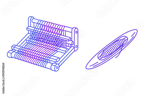 An isometric vector illustration of a traditional hand loom and a