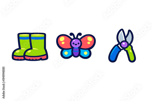 A collection of colorful gardening icons featuring green rubber