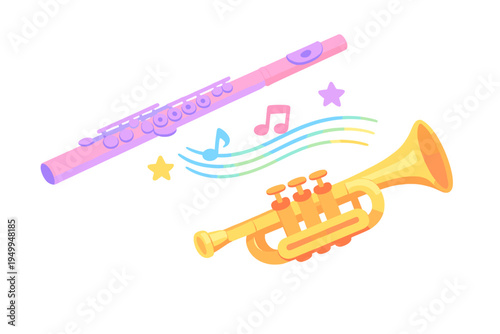A playful vector illustration featuring a pink flute and a golden