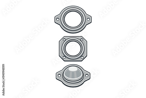 Vector illustration set of three grey metallic mechanical parts