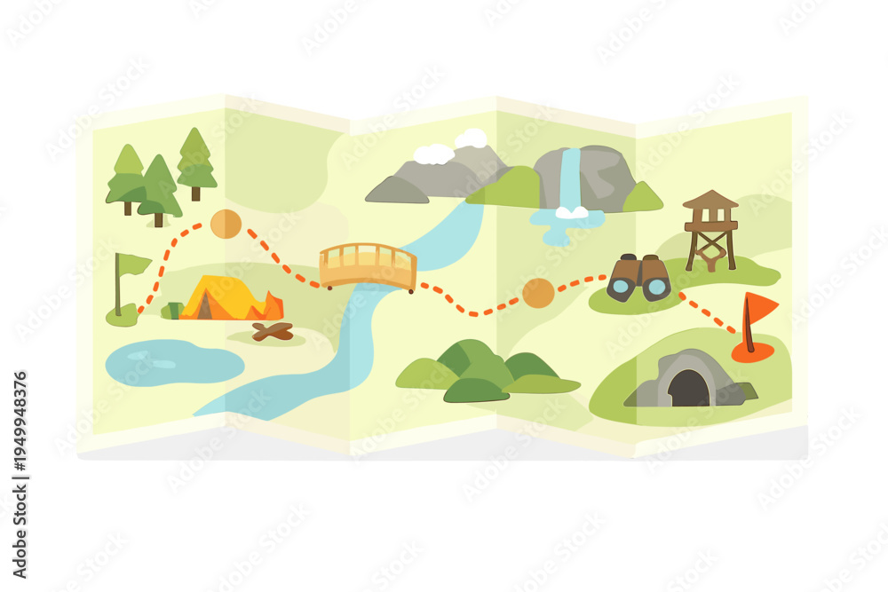 Fototapeta premium This vector illustration features a folded paper map of a wilderness