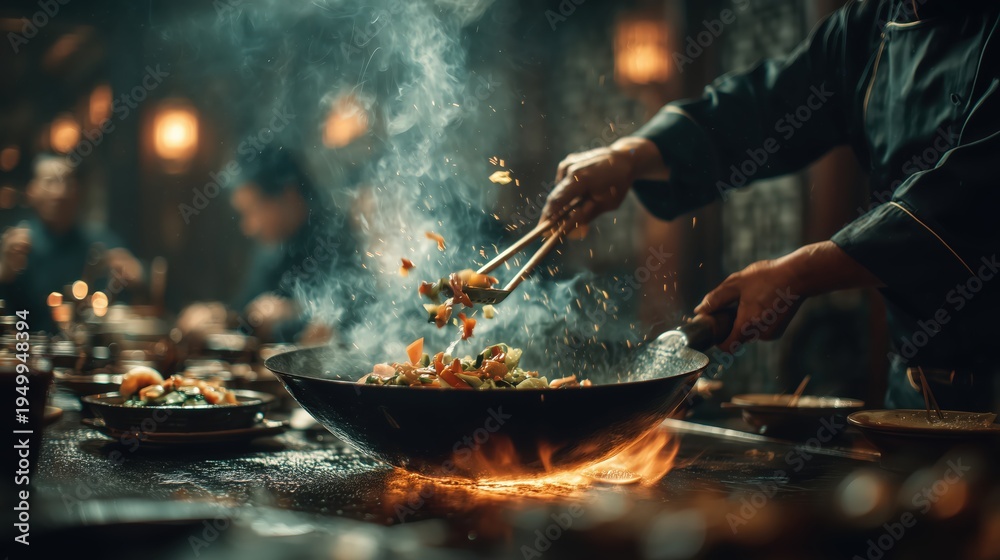 Fototapeta premium Chef bustling in a restaurant kitchen, swiftly crafting a mouthwatering dish that sets a lively tone for diners