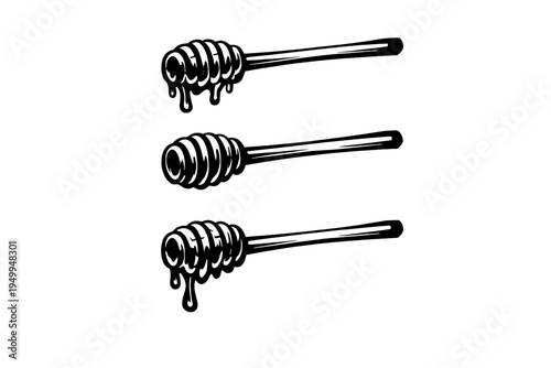 A set of three black and white vector illustrations of honey dippers