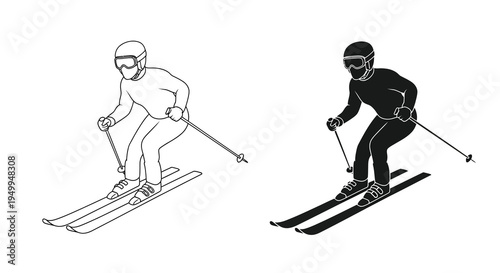 A minimalist black and white illustration depicts two skiers in action showcasing the dynamic posture and equipment used in alpine skiing