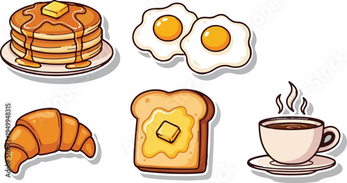 Hand Drawn Cartoon Breakfast Food Set Isolated. Pancakes, Fried Eggs, Croissant, Toast, Coffee Cup isolated PNG with Transparent Background