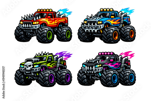 Collection of four cartoon monster truck illustrations with