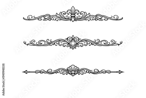 A set of three ornate vintage horizontal dividers featuring intricate