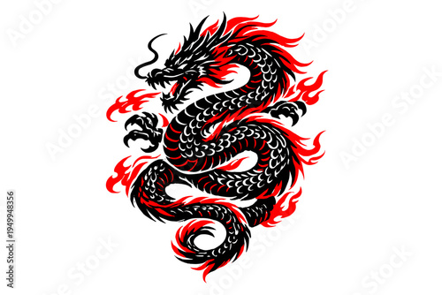 A stylized black and red dragon illustration in a tribal tattoo