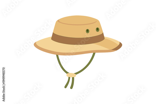 A vector illustration of a tan safari hat with a brown band and green