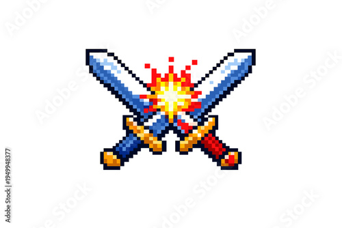 A pixel art illustration of two crossed swords clashing with a bright