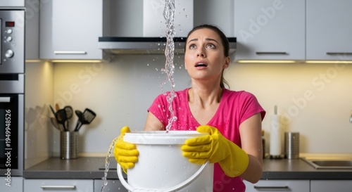 Frustrated Homeowner Holding Bucket Under Drip from Kitchen Ceiling