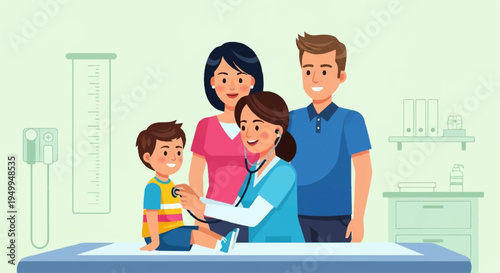 Family and doctor discussing medical chart in a clinic with a child on an examination table