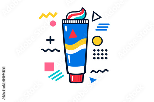 A vibrant Memphis style vector illustration of a toothpaste tube with