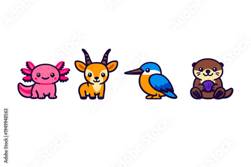 A set of four cute cartoon animal icons including a pink axolotl, an