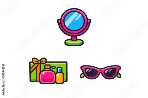 A collection of three vibrant vector icons featuring a round tabletop