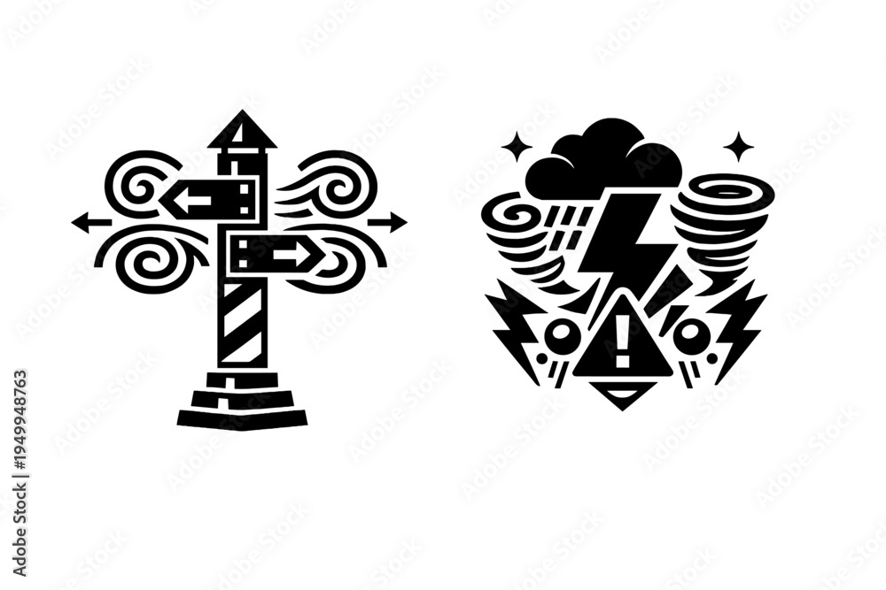 Naklejka premium Minimalist black and white vector icons depicting severe weather and