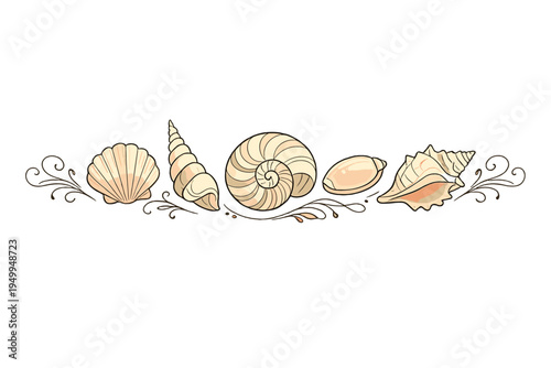This vector art features a row of various seashells like conch and