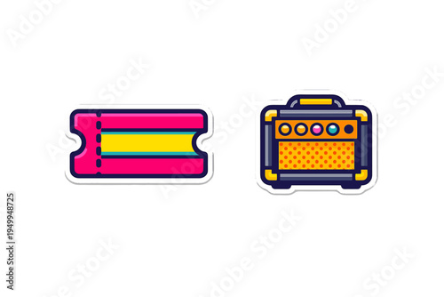 A set of two vibrant music-themed stickers featuring a colorful