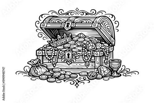 Detailed line art of an open wooden treasure chest filled with riches