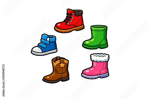 A collection of five colorful cartoon footwear stickers including a