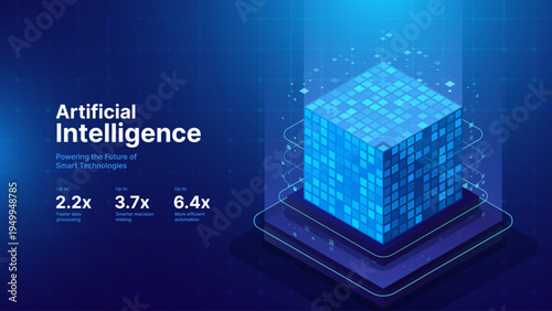 Interactive AI Cube Server Simulating Complex Data Analysis Background. Artificial Intelligence 3D Cube Isometric. Abstract Big Data Server Storage. Vector Illustration.