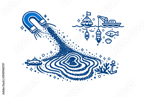 A blue line art illustration depicting a large magnet attracting