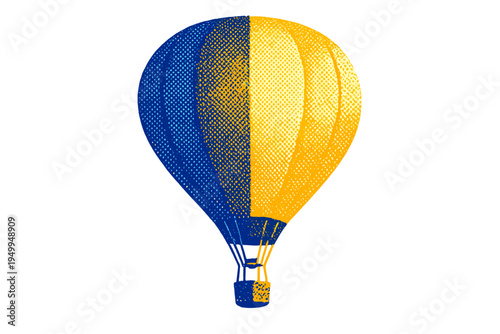 A stylized hot air balloon illustration featuring a vertical split of