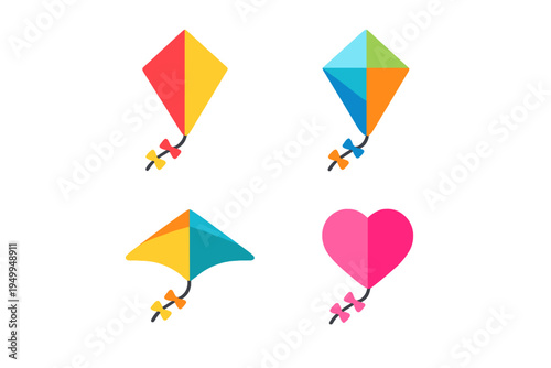 A set of four colorful kite icons in flat design style, featuring