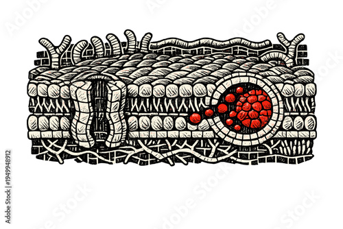 A stylized woodcut illustration of a cell membrane showing the