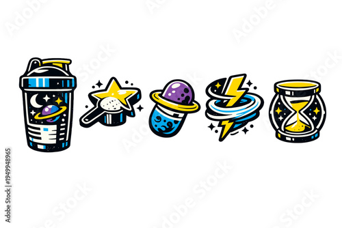 A collection of five stylized vector icons including a shaker bottle