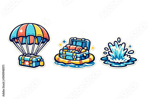 A set of three cartoon stickers featuring a supply crate with a