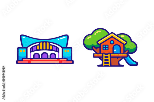 A set of two colorful vector icons featuring a modern architectural